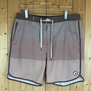Men's Vuori Drawstring Swim Trunks, Maroon/Brown Stripes- Size 32